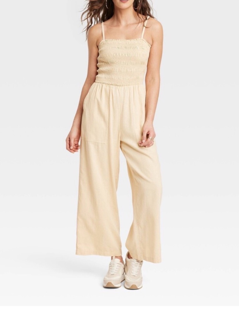 Universal Thread Cream Smocked Bodice Wide-Leg Jumpsuit